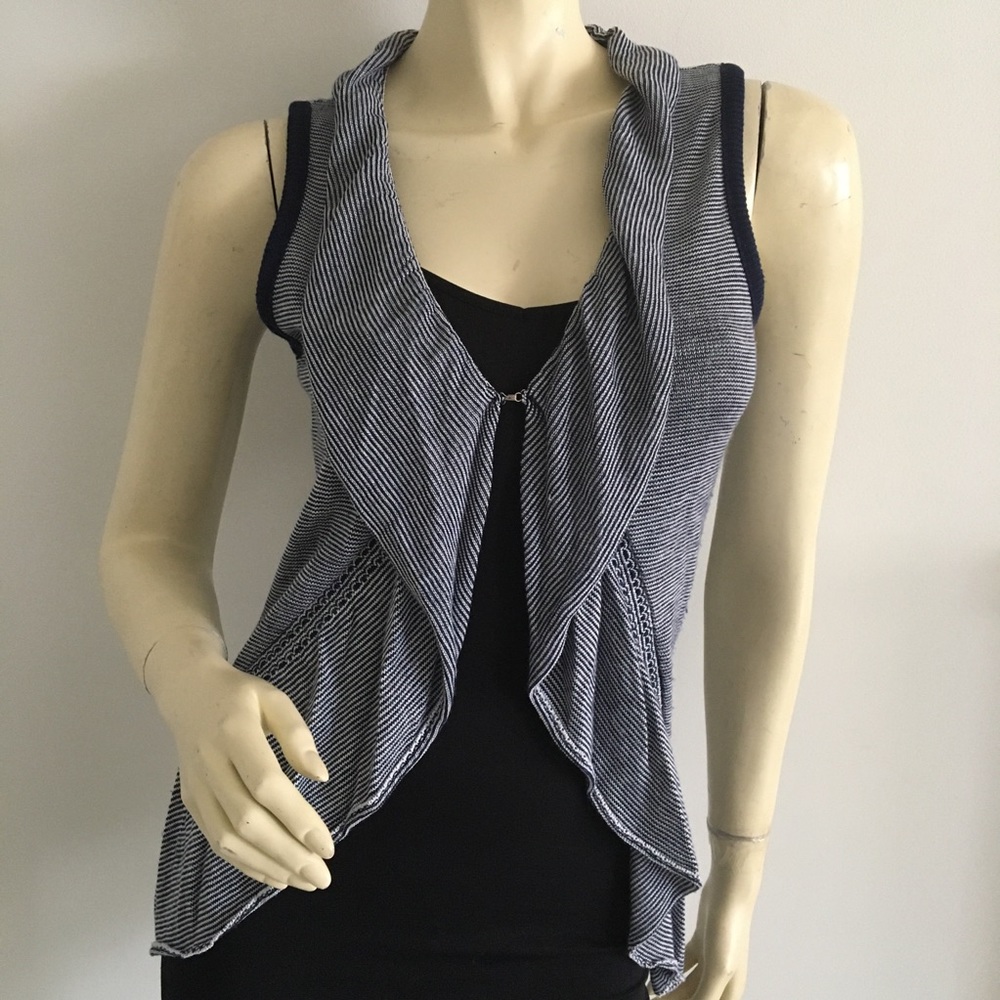 Navy and white striped knit vest with ruffle trim